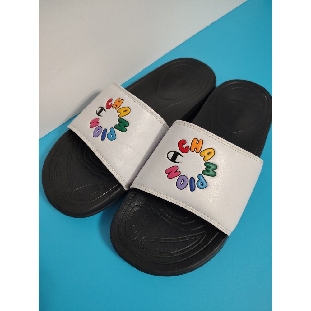 CHAMPION Rainbow Slide Sandals sz 7 White CA100968W Colorful Comfy Mega Bubble